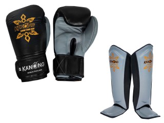 Gants + Protege Tibias Muay Thai en cuir KANONG : Noir/Gris